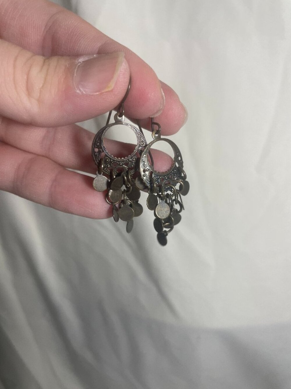 Bronze Tone Boho Chandelier Earrings Filigree Circle Dangling Disc Charms